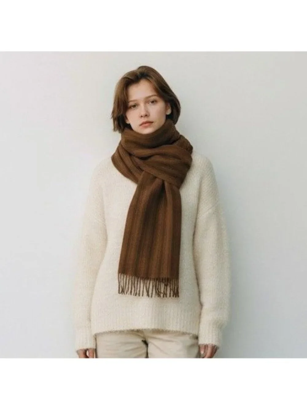 Alpaca 111 Brown Stripe Baby Alpaca Wool Striped Scarf With Fringe Luxurious & S